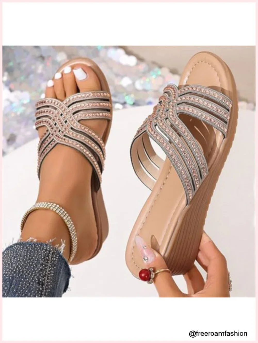 Criss Cross Low Wedge Sandals Dressy Rhinestone Platform Slides Breathable
